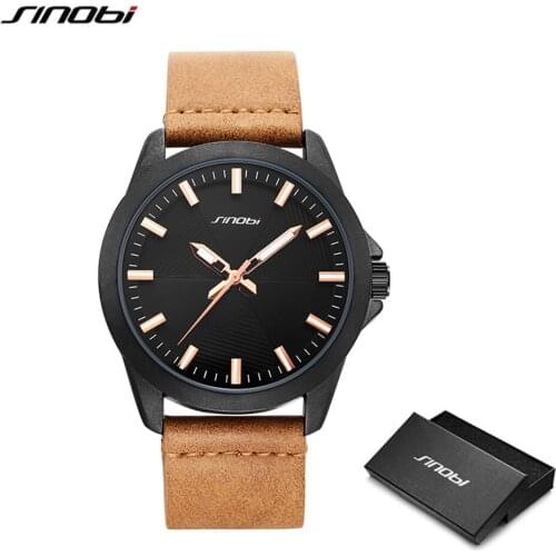 SINOBI Fashion Casual Mens Sports Watches Man Brown Leather Quartz Wrist Watch Mens Luxury Brand Watches Luminous Numbers Clock