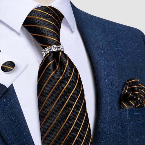 New Mens Tie Set Black Gold Striped Business Formal Wedding Necktie Accessories Pocket Square Cufflinks Fashion Cravat DiBanGu
