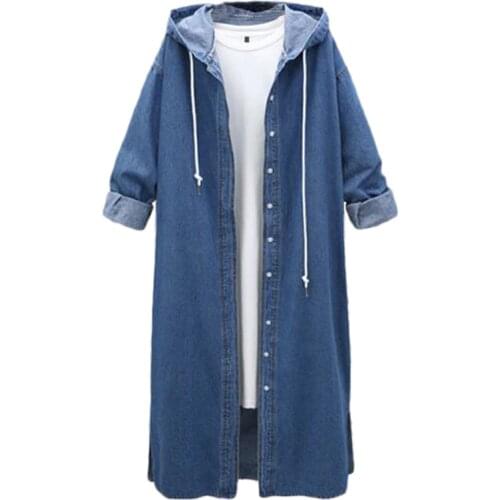 New Spring Womens Long Denim Coats 2020 Korea Loose Hooded Jeans Overcoat Casual Plus size Denim Female Windbreaker Jacket 4XL