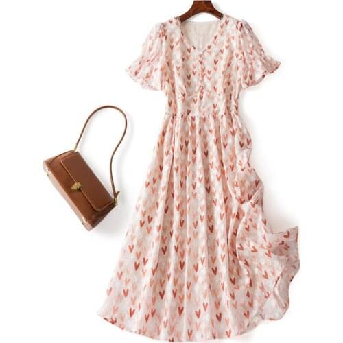 2021 New Summer Sweet Pink Heart Print V-neck Frill Sleeve Slim Wrap Tea Dress Casual Beach Vacation Holidays