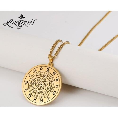 Septagram Alchemy Amulet Pendant Necklace for Men Women Stainless Steel Witchcraft Talisman Charms Long Chain Jewerly Wholesale