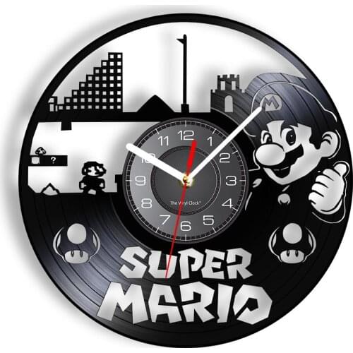 Retro Mushroom Video Game Vintage Vinyl Record Wall Clock For Kids Room Arcade Game Re-purposed Album Record Clock Wall Watch