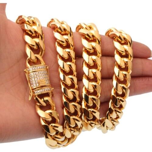 15mm8-40"Fashion Mens Popular Design Gold Tone Miami chainStainless Steel Curb Chain Necklace or Bracelet with White stone Clasp