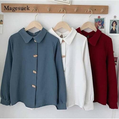 2020 Solid Button Cardigan Blouse Women Tops Autumn New Korean Style Cotton Long-Sleeve Shirt Women Office Lady Blusas 10796