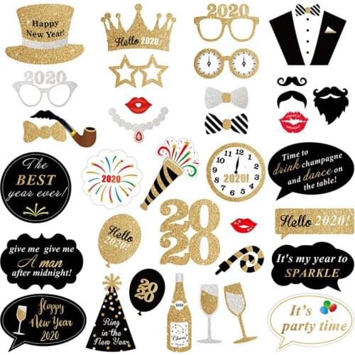 37PCS 2020 Year Photo Booth Props Assorted Glitter Photo Booth Kit Photo Prop For New Year Photography Props Festival Decor