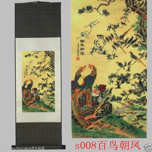 40"Chinese SuZhou Silk Art Phoenix Bird Silk Decoration Scroll Painting Wall adornment murals home decoration