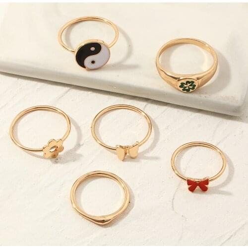 6pcs/set Gold Color Ring Butterfly Bowknot Flowers Leaves Yin Yang Ring set Danity Tiny Enamel Finger Jewelry Gift for Women Gir
