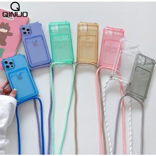Card Slots Holder Wallet Rope Phone Case For iPhone 12 11 Pro Max X XR XS Max 7 8 Plus SE2020 Soft TPU Strap Lanyard Clear Cover