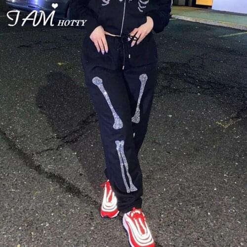 Skeleton Rhinestone Printed Black Sweatpants Women High Waist Cargo Pants Joggers Trousers Gothic Punk Style Sportswear Iamhotty
