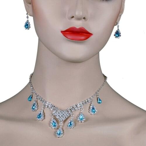 Chran Drop Crystal Necklace Earrings Set Silver Plated Rhinestone Bridal Wedding Jewelry Sets