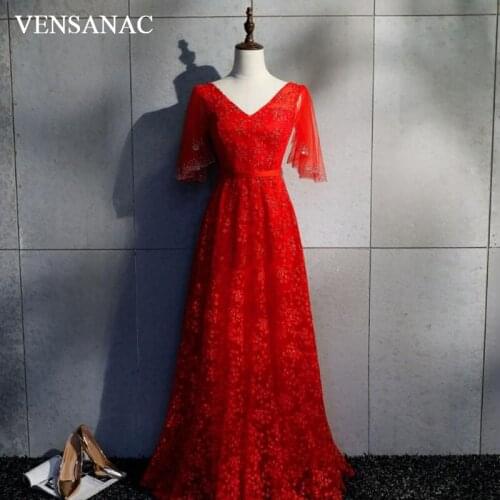 VENSANAC V Neck Lace Appliques 2018 Long Evening Dresses Elegant A Line Sequined Sash Backless Party Prom Gowns