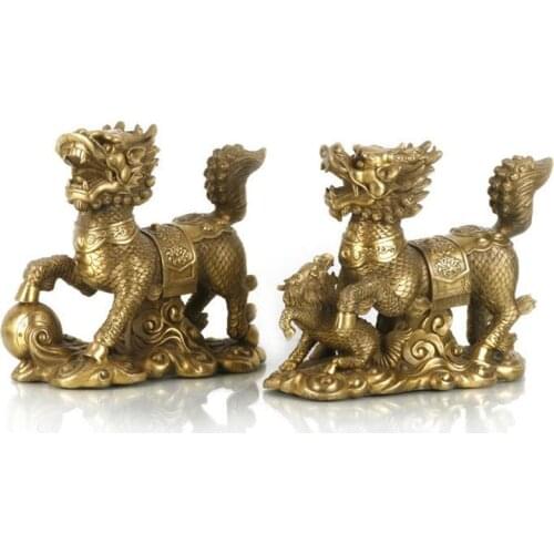 MOEHOMES a pair of Chinese Bronze Brass Fengshui Kylin Pixiu Animal fengshui Statue home decorations metal handicraft