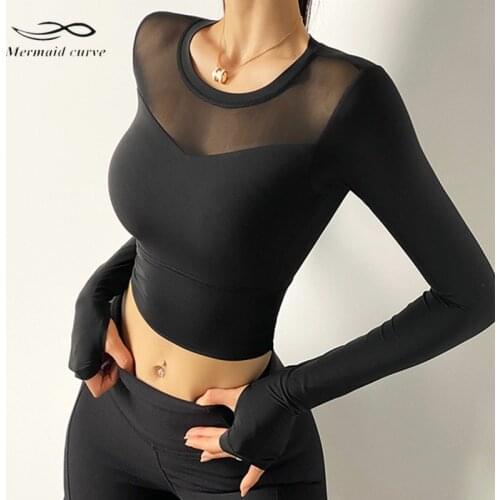 Autumn New Sports T Shirt Female Gym Long Sleeve Net Yarn Patchwork Fitness Sexy Tight Yoga Tops With Chest Pad Sports Clothing