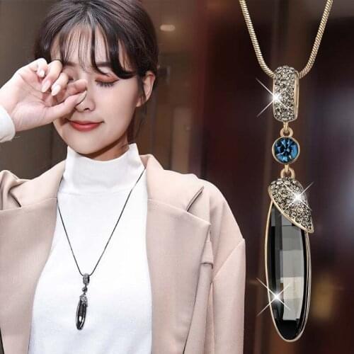 Personality Shining Crystal Water Drop All-match Sweater Chain Euro-American Style Simple Long Pendant Necklace Women