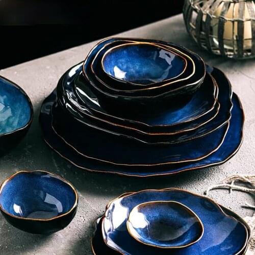 Ramen Bowl 2/4 Person Tableware Set Blue Color Ceramics Irregular Shape Dinner Set Dishes Plate Ceramic Bowl Serving Bowls