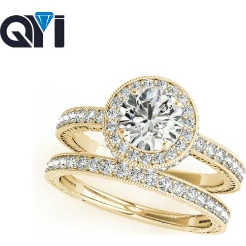 QYI Vintage Style Ring 14K Solid Yellow Gold Ring Set Round Cut 1 ct Sona Simulated Diamond Women Engagement Wedding Rings