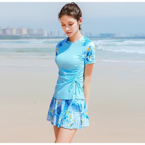Side Adjustable Plus Size Swimwear Short Sleeve Two Piece Set Women Summer Korean Swimsuit Skirt Boxer Bottom Beachwear