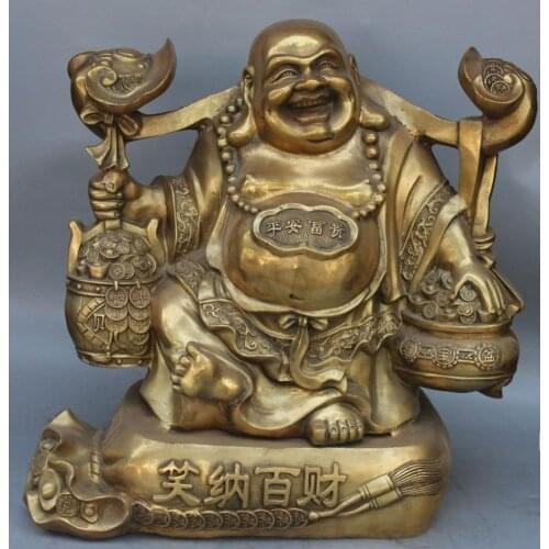 Zhaorui4884317+ +20" Bronze Happy Laugh Maitreya Buddha Wealth Money Bag Ruyi Jubao Pen Statue