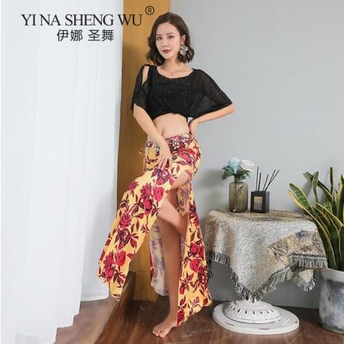 Professional Belly Dance Top Skirt Style Oriental Net Yarn Performance Costume New Sexy Short-sleeved Top Printed Long Skirt