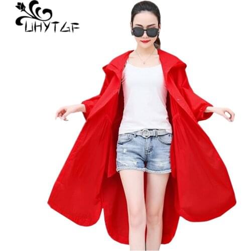 UHYTGF New beach summer coats womens Hooded thin sun protection clothing Oversized Solid color Loose Breathable female coat 1466