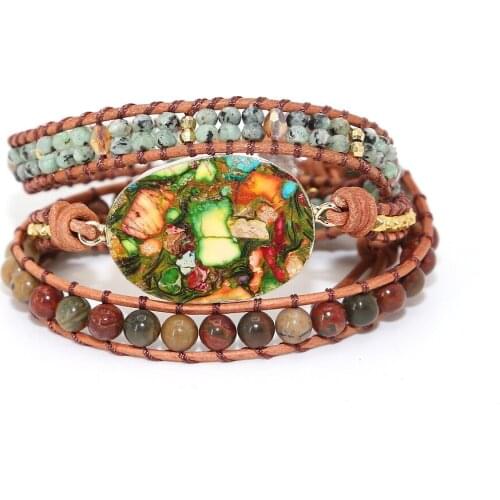 Unique Mixed Natural Stones Charm 3Strands Wrap Bracelets Handmade Boho Long Friendship Bracelet Women Leather Bracelet Dropship