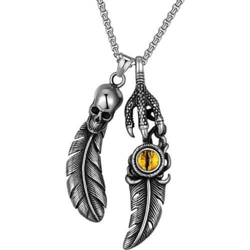 Stainless Steel Vintage Punk Rock Evil Eye Feather Wing Skull Pendant Necklace Jewelry Gift For Him with Chain