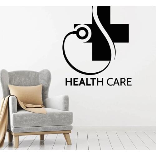 Health Care Wall Decal Lettering Clinic Hospital Pharmacy Interior Decor Vinyl Window Stickers Stethoscope Cross Art Mural M603
