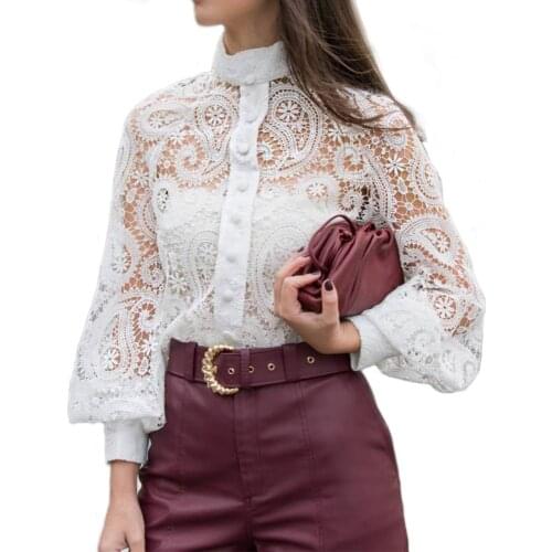 Sexy Hook flower hollow out lace shirt blouse woman spring fall casual lantern sleeve solid shirts white vintage cotton tops