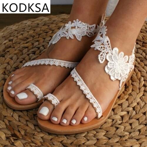 2021 Women Flat Shoes Summer Bohemian Gladiator Roman Sandal Lace Straps Floral Style Sandalias Mujer White Female Beach Shoes