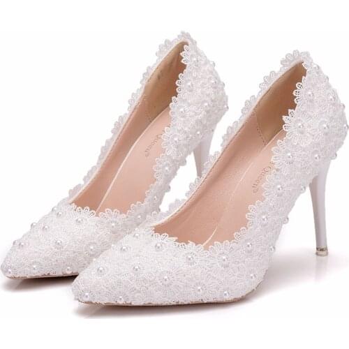Crystal Queen Women Super High Heel Wedding Shoes Pumps 9cm Sweet Sexy Party Dress Shoes Lady White Lace Platform Thin Heels