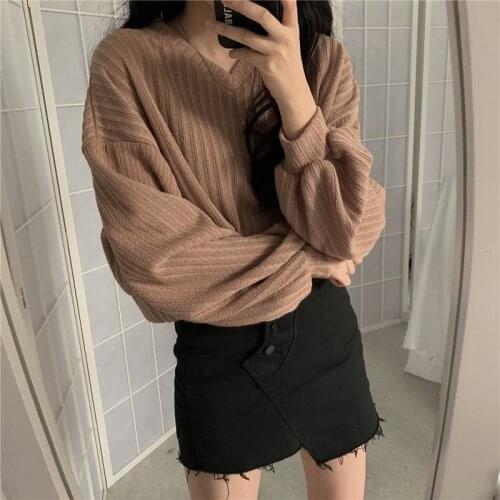 Female Knitting Sweaters Hot Sale V-Neck Lantern Sleeve Korean Loose Casual Elegant Harajuku Women Pullovers Sweatar