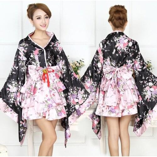 Women 6 Piece Set Japanaese Kimono with Obi Halloween Party Costume Print Flower Bath Robe Gown Sexy Cosplay Evening Dress