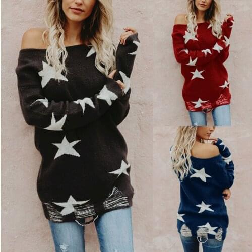 Women Sweater Slash Neck Stars Print Hole Knitted Fall Winter Soft Warm Wool Loose Fashion Pullovers Female Top