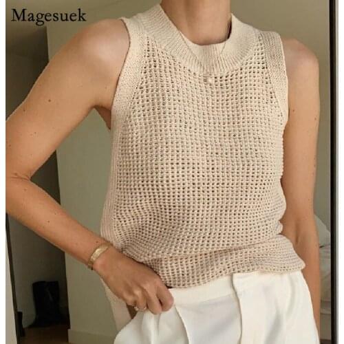 Knitted Vest Womens Tops Summer Outer Wear Sleeveless Ice Silk Tank Top Women Casual Hollow Out Basic Tanks Camis Female 14810