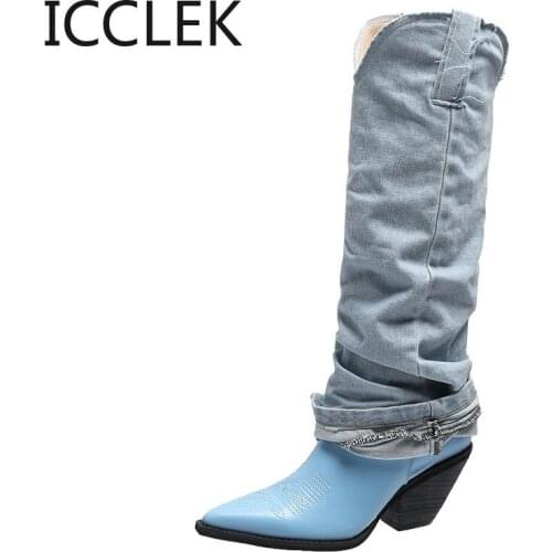 2020 Western Boots Black Leather Knee High Boots for Women Pointed Toe Winter Long Boots Women Chunky Heels Cowboy Knight Boots