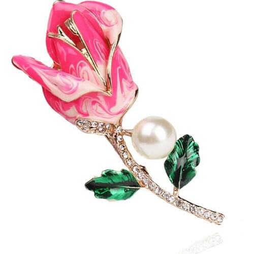 2020 Fashion Costume Jewelry New Korean Gold Plated Enamel Pin Metal Pearl Crystal Rose Flower Brooches For Women Girls Gift