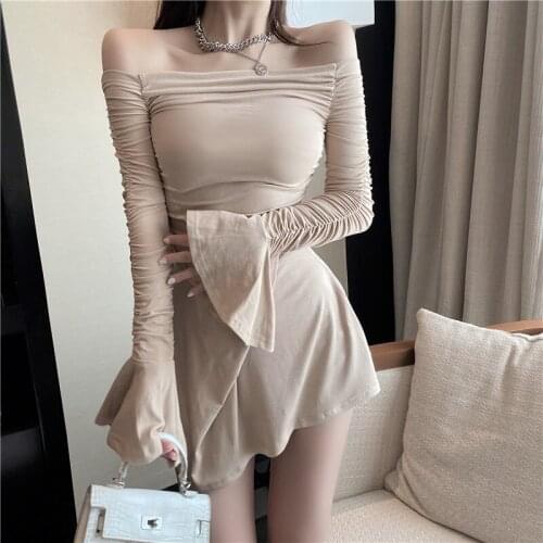 Spring 2021 New Female Off Shoulder Dress Long Sleeve Flared Sleeve Sexy Women Short Mini Dresses