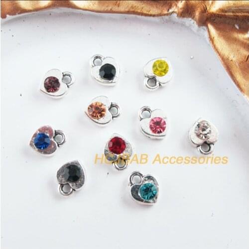 30 New Tiny Heart Charms Tibetan Silver Tone Retro Mixed Crystal Pendants 6x7.5mm