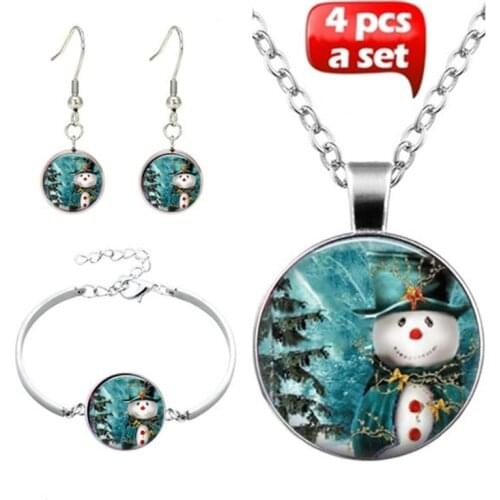 4Pcs/Set Christmas Snowman Art Photo Cabochon Glass Jewelry Set Fashion Necklace Bracelet Earring Jewelry Sets for Women Gifts
