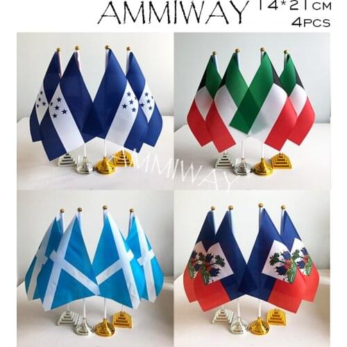 AMMIWAY 14x21cm 4pcs Honduras Kuwait Table Flags Scotland Haiti Haitian National Country Desk Flag with Plastic Base Stand