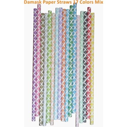 Free DHL Shipping Paper Straws pink red Drinking Paper Straws Damask Paper Straws 17 Colors yellow blue black MIX 10500pcs