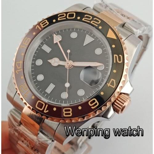 Bliger 40mm Mechanical waterproof black dial Sapphire glass Ceramic Bezel GMT hand Automatic watch Golden middle steel belt Gift
