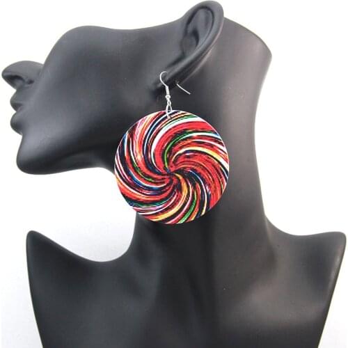 SOMESOOR Printing Lollipop Bohemian Wooden Drop Earrings 6cm Flat Round African Wood Pendant Ear Jewelry For Women Girl Gifts