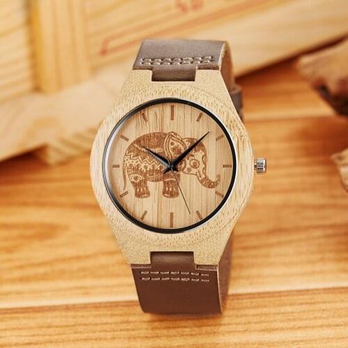 Wood Watch Unique elephant Pattern Dial Quartz Clock Leather Band Casual Wooden Wrist Watch For Men Women Fahshion Gift