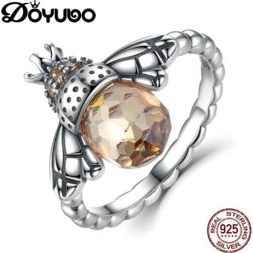 DOYUBO European Design Womens 925 Sterling Silver Little Bee Ring With Brown Crystal Antique Lady Animal Silver Rings AGB038