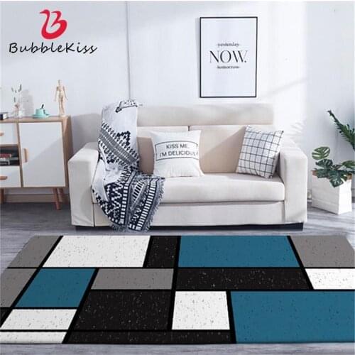 Bubble Kiss Nordic Style Blue Square Stitching Pattern Area Rug Polyester Non-slip Carpets for Living Room Home Decor Floor Mats