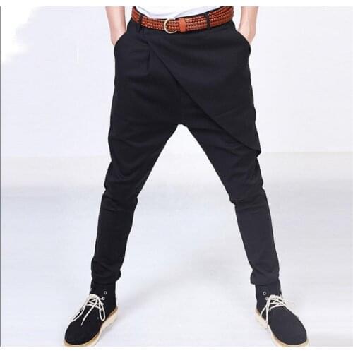 Hot 2021 Autumn Men Slim Trousers Pleated Fashion Patchwork Harem Pants Boot Cut Hairstylist Nightclub Costumes Plus Size Pants