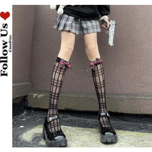 Lolita Kawaii Fishnet Stockings Female Harajuku Dark Bow Black Mesh Calf Socks College Loli Girl Breathable Knee-length Socks
