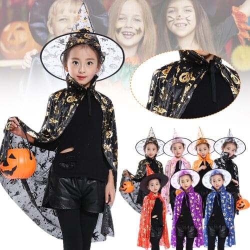 Masquerade Costume Wizard Witch Cloak Cape Robe With Hat For Show Play Halloweens Magic Wands Baby Kids Costume Children