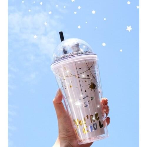 Lovely Cartoon Mug Plastic Water Bottle With Straw Creative Double Layer Yogurt Mug Best Cup Kid Gift For Women Lovers Portable